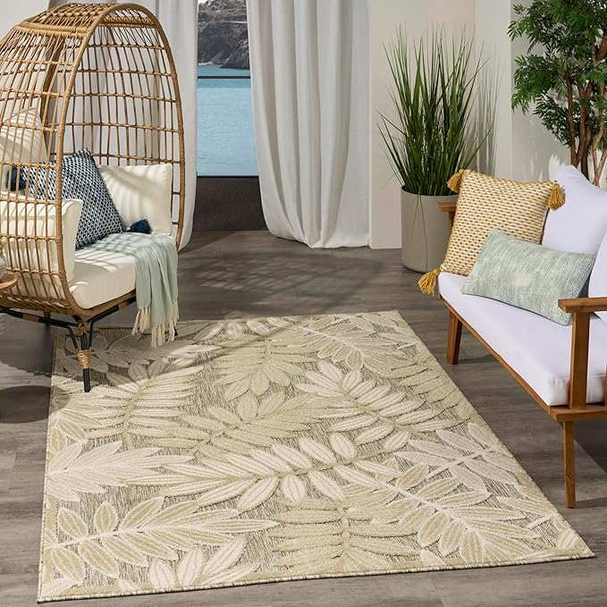Nourison Home Aloha Ivory Sage 5'3" x 7'5" Area Rug - Easy Clean, Non Shedding, Bed Room, Living Room, Dining Room, Kitchen (5' x 8')
