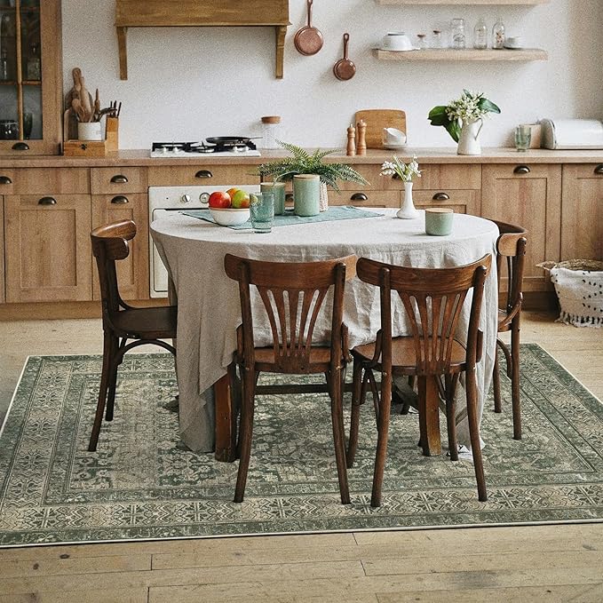 Dotiiorug Vintage Washable Area Rug for Living Room,Low Pile 8x10 Non Slip Carpet Non-Shedding Area Rug Soft Indoor Stain Resistant Rug Floral Print Mat for Bedroom Dining Room Green