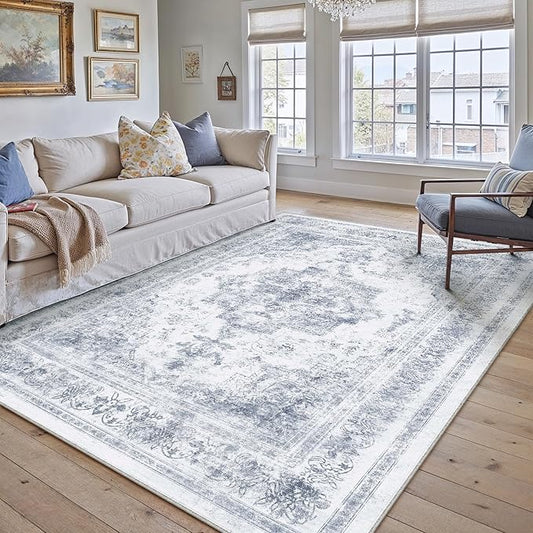 PureCozy Area Rug 5x7 Washable Blue Rug Vintage Boho Medallion Large Distressed Retro Carpet for Living Room Non Slip Indoor Low Pile Small Soft Bedroom Dining Room Home Office