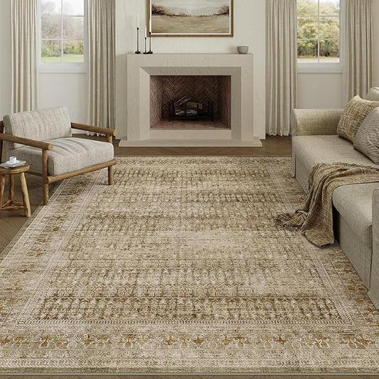 PureCozy Brown 8x10 Area Rug for Living Room Washable Vintage Distressed Large Carpet Bedroom Low Pile Non Slip Indoor Soft Retro Throw Accent Rug Office Kitchen Bathroom Dining Room