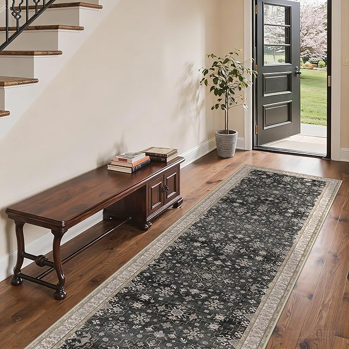 GENIMO 2‘6‘’x10 Runner Rug,Machine Washable Non-Slip Vintage Rugs,Low Pile Lightweight Carpet for Bedroom,Hallway,Entryway,Kitchen,Bathroom,Black