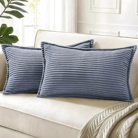 decorUhome Spring Corduroy Blue Grey Throw Pillow Covers 12x20 Set of 2 Decorative Soft Boho Farmhouse Lumbar Couch Pillow Covers for Living Room Bed Sofa Broadside Striped Pillow Cases
