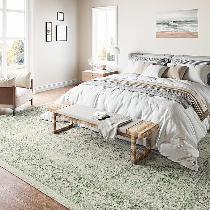 PureCozy Sage Green Area Rug 6x9 Living Room Washable Carpet Vintage Distressed Non Slip Bedroom Carpet Neutral Low Pile Retro Floral Farmhouse Large Rug Home Office Dining Room Playroom