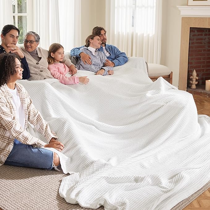 Bedsure Gentlesoft 100% Cotton Large Blanket Oversized King for Bed - Breathable Thick Waffle Weave Blanket for Summer, Couch Cover, White, 120x94 inches