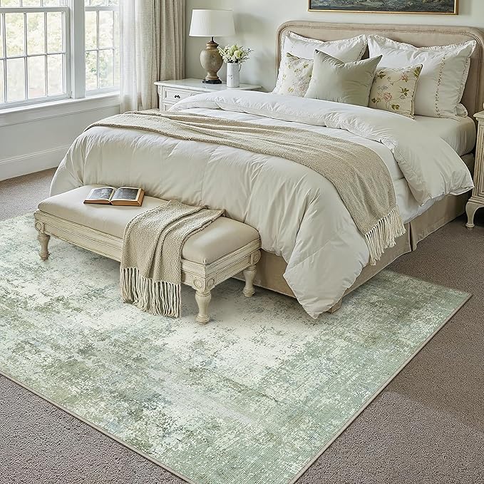 WondRg 6x9 Washable Area Rug Sage Green Abstract Living Room Bedroom Carpet Neutral Modern Non-Slip Soft Low Pile Lightweight Vacuumable Throw Rug for Dining Room Kitchen