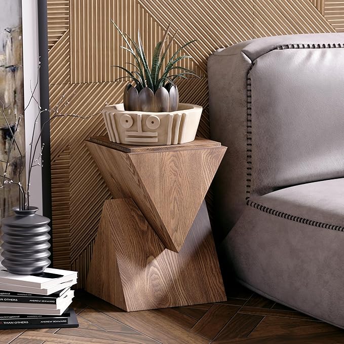COZAYH Modern Geometric Wood Grain End Table with Structural Design, Farmhouse Side Table with Sculptural Pedestal Base for Living Room, Bedroom, Office, Fully Assembled (Natural)
