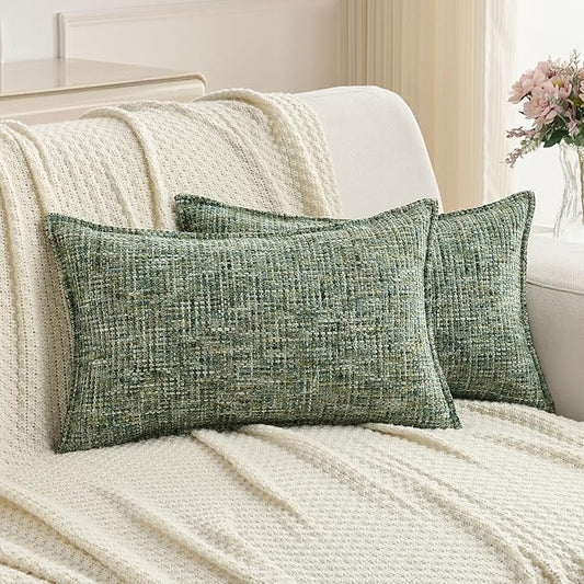 FUTEI Dark Green Decorative Throw Pillow Covers 12x20 Inch Set of 3,Soft Chenille Tweed Textured Lumbar Pillow Case,Modern Home Decor for Couch Bed Living Room