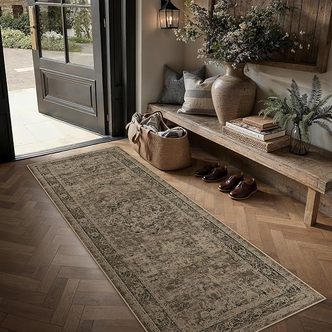 PureCozy Hallway Runner Rug 2x6 Washable Brown Vintage Distressed Long Runner Oriental Soft Thin Indoor Carpet Non Slip Low Pile Throw Rug for Kitchen Bedroom Laundry Bedside Entryway