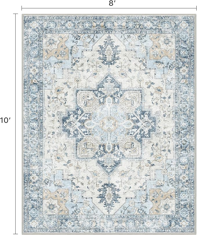 BESBLEE 8x10 Area Rugs for Living Room, Machine Washable Non Slip Vintage Rugs, Low Pile Lightweigt Chenille Print Indoor Rug for Bedroom, Dining Room, Home Office, Blue