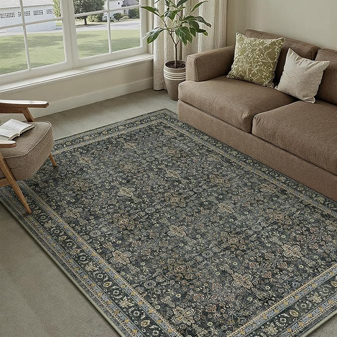 PureCozy Area Rug 5x7 Black Washable Vintage Living Room Carpetb Traditional Distressed Bedroom Indoor Soft Non Slip Large Rug Retro Thin Low Pile Floor Cover for Office Dining Room
