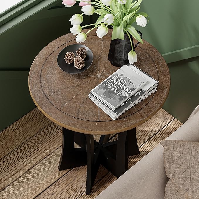 COZAYH Farmhouse Round End Table with Criss-Cross Wood Legs, Rustic French Country Side Table for Dinning or Living Room, Modern, Black, Natural Wood