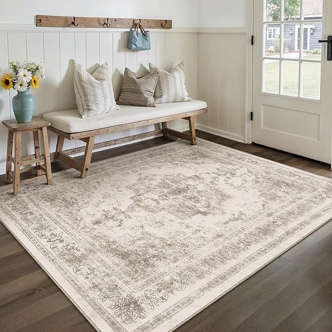 PureCozy Area Rug 5x7 Beige Washable Living Room Carpet Non Slip Vintage Medallion Low Pile Soft Indoor Bedroom Retro Distressed Indoor Rug for Kitchen Home Office Laundry Dining Room