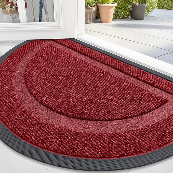 OLANLY Half Circle Door Mat Indoor Outdoor Entrance Welcome, Waterproof All-Season, All-Weather Doormat, Sturdy Natural Rubber, Low Profile, Easy Clean Patio Porch Entryway Mat, 36x24, Wine Red