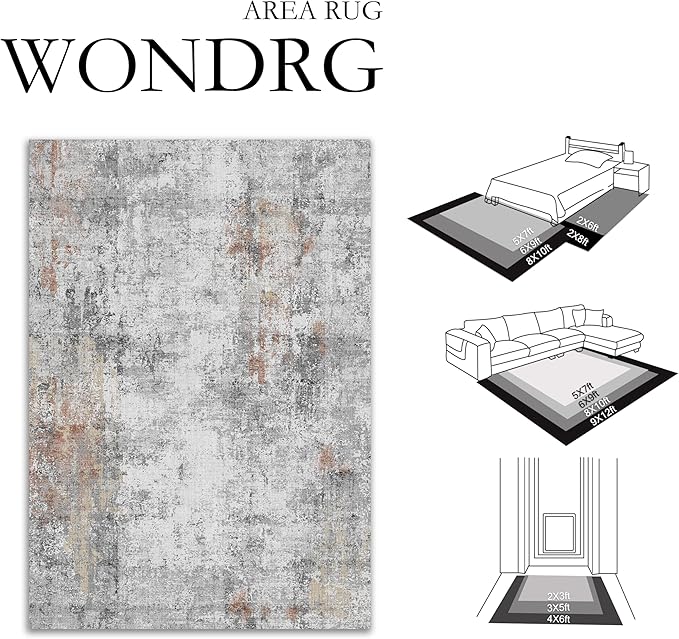 WondRg 6x9 Washable Area Rug Grey Rust Abstract Living Room Bedroom Carpet Neutral Modern Non-Slip Soft Low Pile Lightweight Vacuumable Throw Rug for Dining Room Kitchen