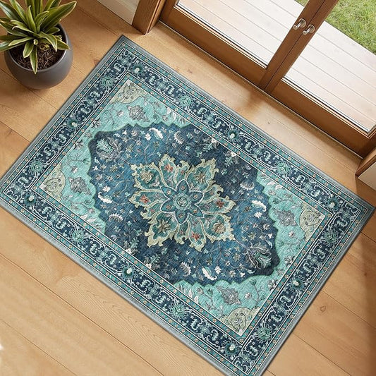 RELEANY Area Rugs 2'x3' Washable Non-Slip, Floral Vintage Distress Print Pattern Medallion Carpet for Living Room Bedroom Dining Room, Teal Green Lake Blue Turquoise