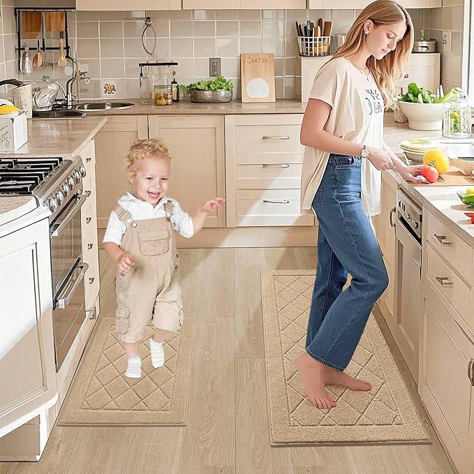 JSEI Non-Slip Kitchen Rugs, Self Adhesive No Sliding Kitchen Mats Set of 2, Soft Washable Absorbent Floor Mat for Kitchen, Bathroom, Laundry Room, Bedroom, 20”x32”+32”x48”, Beige, Diamond Pattern