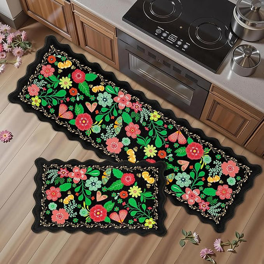 Scalloped Black Kitchen Mats for Floor 2PC Cushioned Anti Fatigue Kitchen Mats Rugs Waterproof Non Slip Boho Floral Comfort Foam Standing Mat for Sink Laundry,17.3x30+17.3x59