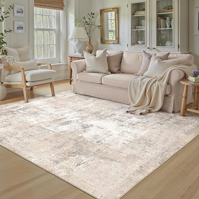 WondRg 5x7 Washable Area Rug Beige Grey Abstract Living Room Bedroom Throw Rug Neutral Modern Non Slip Soft Medium Pile Indoor Carpet for Dining Room Office Entryway