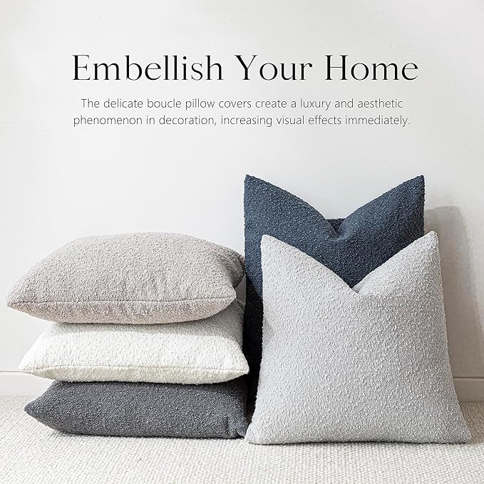 Foindtower Decorative Boucle Throw Pillow Covers Accent Solid Pillow Cases Cozy Soft Textured Couch Cushion Case for Chair Sofa Bedroom Living Room Home Decor 22 x 22 Inch,Light Grey