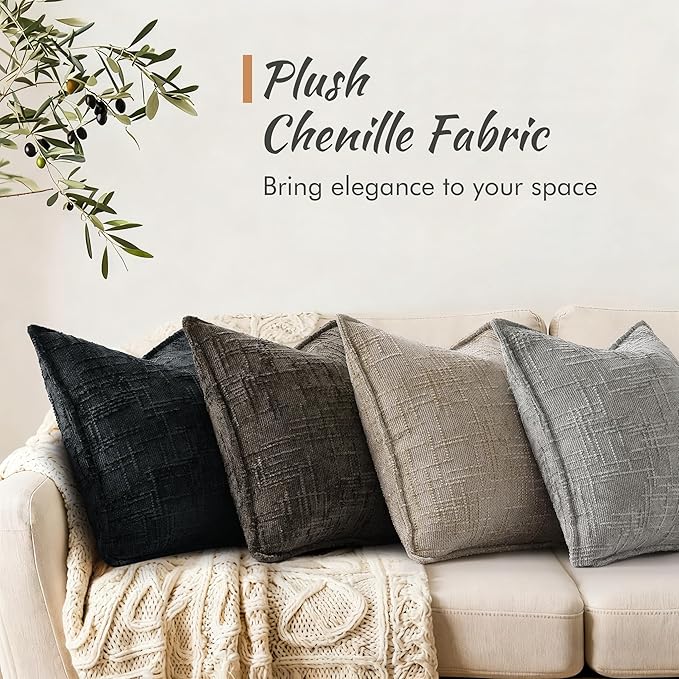 decorUhome Chenille Throw Pillow Covers 16x16 Set of 2, Thick Textured Slubby Neutral Decorative Pillow Covers with Elegant Design for Couch, Sofa, Living Room, Chocolate