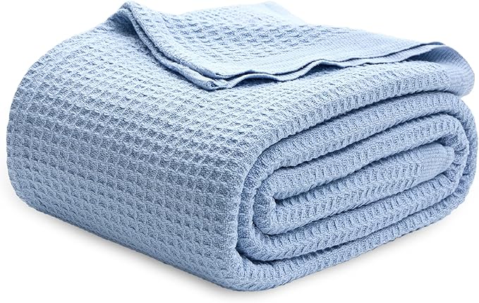 Bedsure Gentlesoft 100% Cotton Blanket King Size for Bed - Breathable and Soft for Spring Summer, Thick Cozy Waffle Weave Blanket Gifts for Women, Sky Blue, 104x90 inches