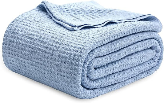 Bedsure Gentlesoft 100% Cotton Blanket King Size for Bed - Breathable and Soft for Spring Summer, Thick Cozy Waffle Weave Blanket Gifts for Women, Sky Blue, 104x90 inches