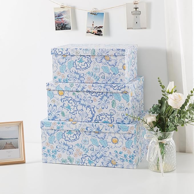 Soul & Lane Decorative Cardboard Storage Boxes For Home Décor, Sky Meadow, Set of 3: Floral Paperboard Nesting Storage With Lids, Memory Boxes For Keepsakes And Photos, Gift Set For Presents