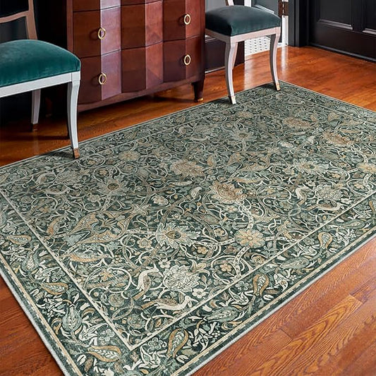 Fortsea Compact 4x6 Washable Area Rug Dark Green Non-Slip Low Pile Rug for Entryway Kitchen Bathroom Easy Clean Modern Print Floor Mat（4x6 Dark Green）