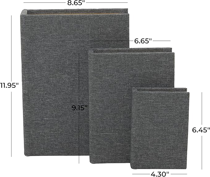 Deco 79 Linen Fabric Decorative Box Faux Storage Book Book Shaped Boxes, Set of 3 Decorative Keepsake Boxes 12", 9", 6"H, Light Gray