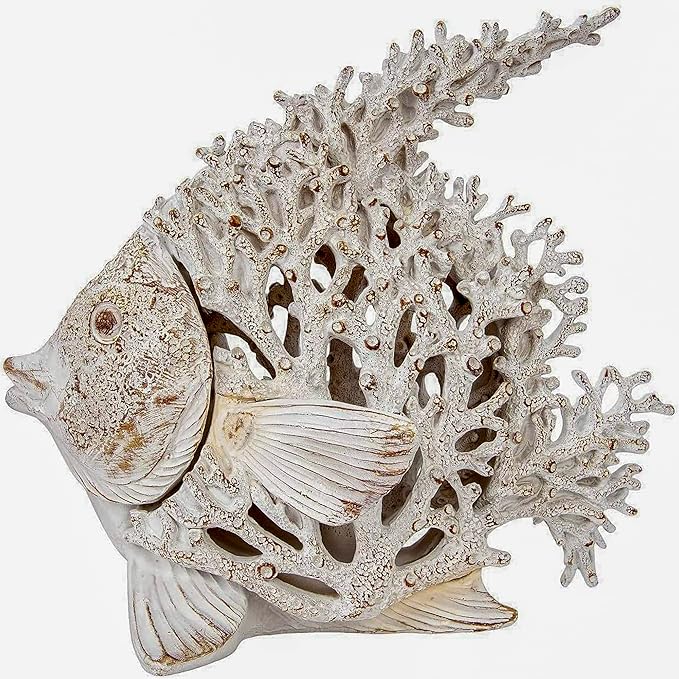 Ocean Decor White Coral Reef Angelfish Sculpture Beach Home Decor Coastal Coral Look Tabletop Collection 11 in x 10 in