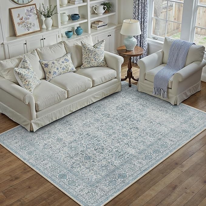 PureCozy Area Rug 5x7 Blue Washable Living Room Carpet Soft Non Slip Vintage Bedroom Indoor Office Traditional Retro Distressed Thicker Throw Large Rug for Dining Room Bathroom Kitchen