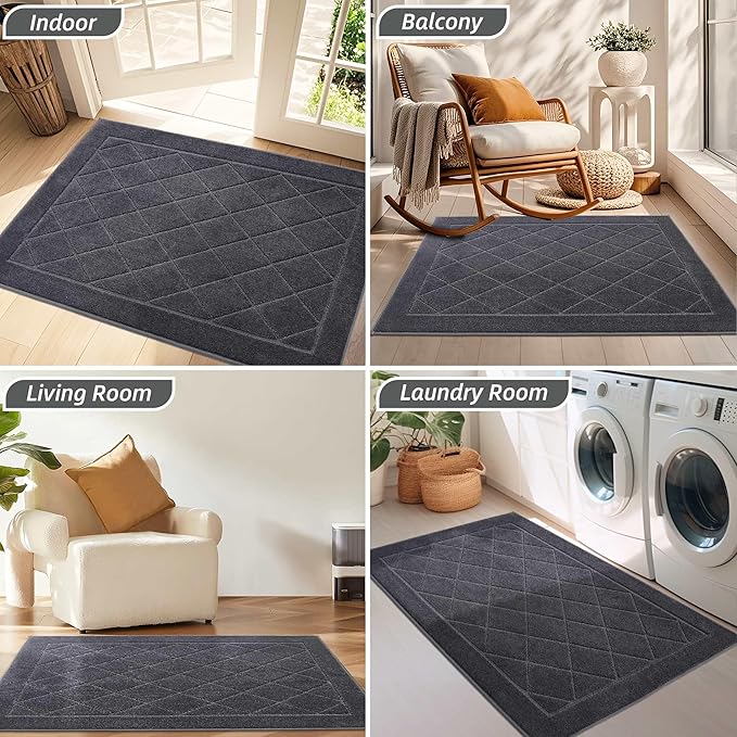 BEQHAUSE Dirt Trapper Door Mat 20" x 32", Doormat Non-Slip Entryway Rugs Washable, Dog Door Mat Stain Resistant and Absorbent Welcome Floor Mat for Front Back Door, Mud Wet Shoes & Paws, Dark Grey