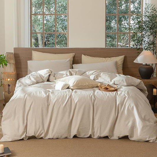 MooMee Striped Duvet Cover Set 100% Washed Cotton Linen Like Textured Breathable Durable Soft Comfy (Tannish Linen Grey White Pinstripes, Super King 108"x98")