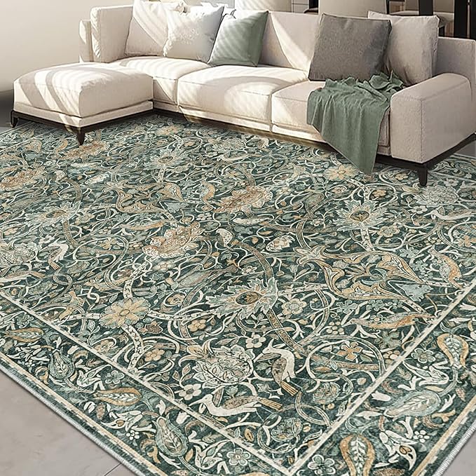 Fortsea Large 8x10 Dark Green Area Rug, Low Pile Washable Non-Slip Carpet, Vintage Design for Spacious Living Room（8x10 Dark Green）