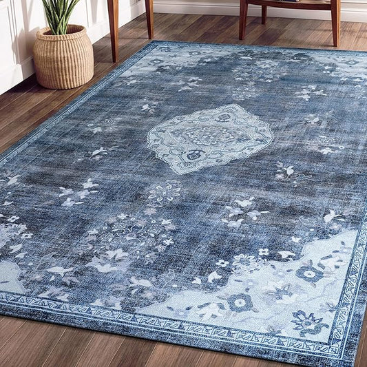 Beverly Rug Non Slip Rugs 4x6 Boho Medallion Floral Non Skid Rubber Backing Easy Silk Soft Area Rug for Living Room Easy to Clean Non Shedding Kitchen Bedroom Indoor Carpet (4 x 6 Blue - Gray)