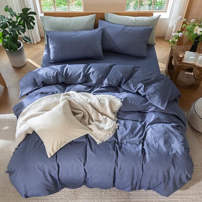 MooMee Bedding Duvet Cover Set 100% Washed Cotton Linen Like Textured Breathable Durable Soft Comfy (Heathered Blue, Full 80"x90")