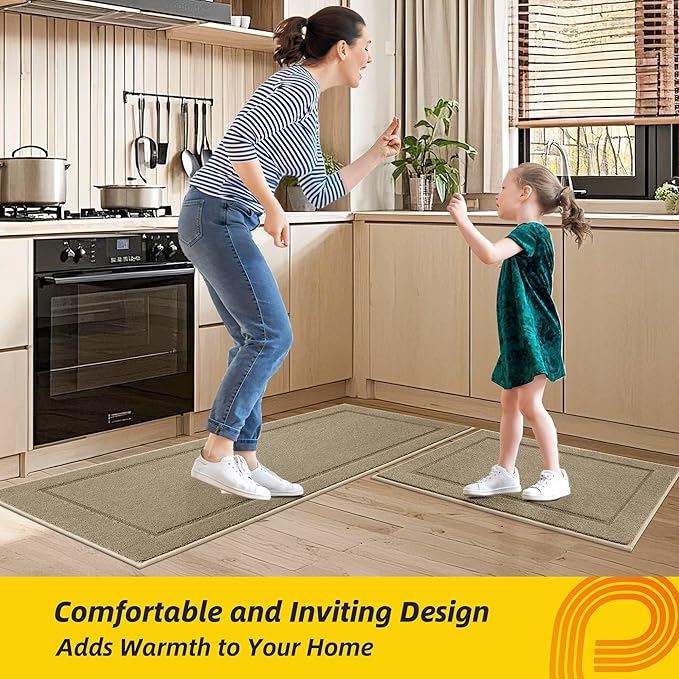 JSEI Non-Slip Kitchen Mats, Self Adhesive No Sliding Kitchen Rugs Set of 2, Washable Absorbent Floor Mat for Kitchen, Bathroom, Laundry Room, Bedroom, 20”x32”+32”x48”, Beige, Rectangular Pattern
