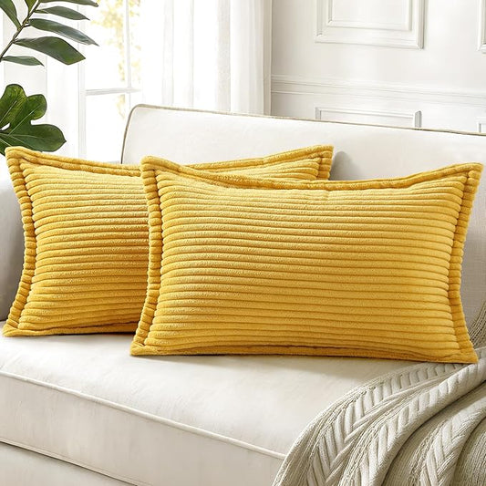 decorUhome Spring Corduroy Mustard Yellow Throw Pillow Covers 12x20 Set of 2 Decorative Soft Boho Farmhouse Lumbar Couch Pillow Covers for Living Room Bed Sofa Broadside Striped Pillow Cases