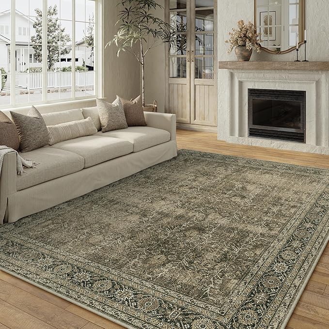 PureCozy Light Brown Area Rug 6x9 Vintage Washable Indoor Door Mat Living Room Carpet Tribal Distressed Retro Accent Throw Rug for Office Dining Room Bathroom Faux Wool