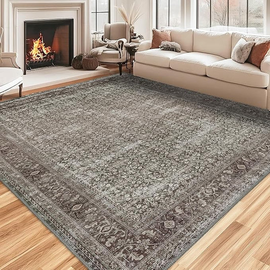 Fortsea Area Rug 9X12 Washable Rug Moss Salmon Vintage Traditional Distressed Thin Retro Kitchen Indoor Floor Cover Non Slip Carpet Floral Print Mat Living Room Bedroom Dining Room (Moss/Salmon 9X12)