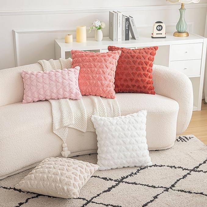 AQOTHES Set of 2 Heart Love Cute Coral Red Decorative Valentines Throw Pillow Covers 24x24, Soft Plush Faux Fur Pillow Covers for Couch Sofa Home Valentines Day Decoration