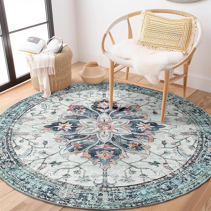RELEANY Area Rugs 4ft Washable Non-Slip, Floral Vintage Distress Print Pattern Medallion Carpet for Living Room Bedroom Dining Room, Green Navy Blue White Red Teal Colorful