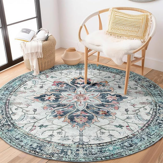 RELEANY Area Rugs 4ft Washable Non-Slip, Floral Vintage Distress Print Pattern Medallion Carpet for Living Room Bedroom Dining Room, Green Navy Blue White Red Teal Colorful