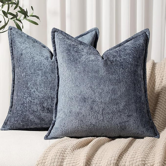 DEZENE Pack of 2 Navy Decorative Throw Pillow Covers 22x22 Cozy Soft Chenille Accent Vintage Square Couch Pillow Covers for Home Decor Bed Sofa Living Room
