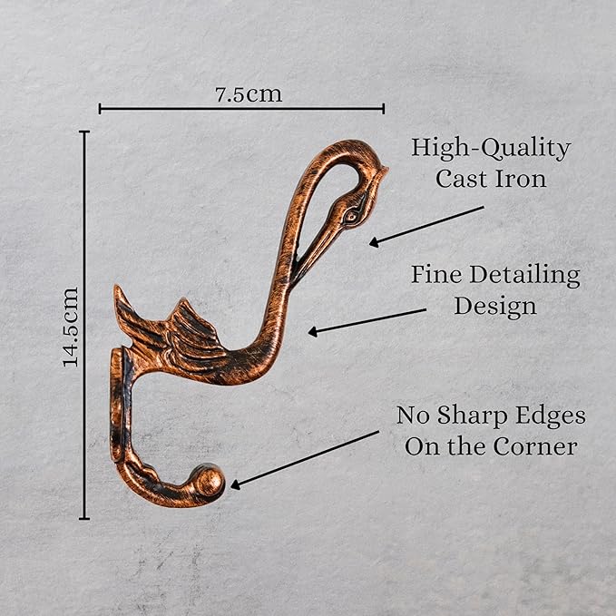 Set of 3 Cast Iron Pelican Shape Coat Hooks Wall Art Decor-Pelican Shape Hangers and Key Holder-Clothes Rack and Backpack Hanger-Coat Hooks Home Decor for Storage,Living Room (Copper Antique)