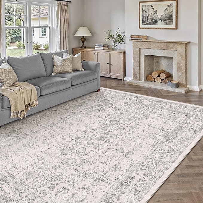 PureCozy Gray Area Rug 8x10 Machine Washable Large Vintage Living Room Distressed Non Slip Carpet Traditional Indoor Bedroom Grey Retro Floral Accent Throw Rug for Office Kitchen Dining Room