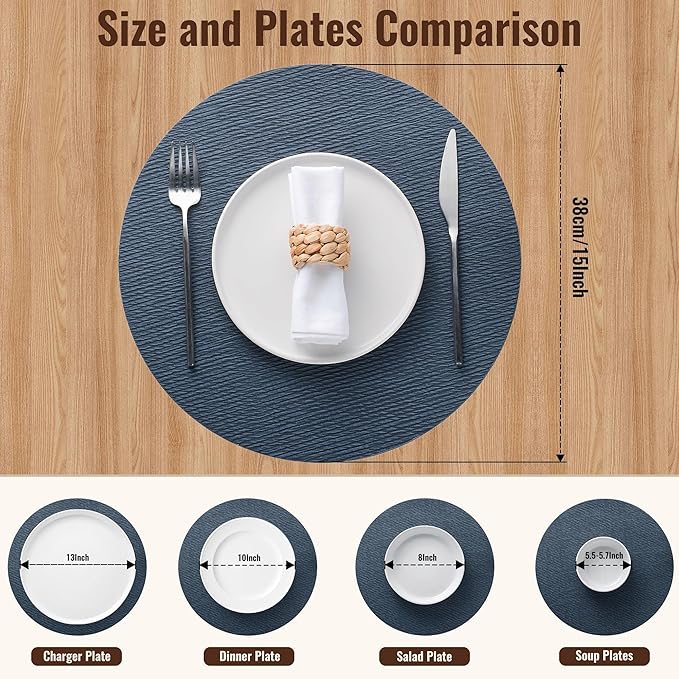 Jovono 15" Faux Leather Big Round Placemats Set of 4 - Washable Heat Resistant Non-Slip Dining Table Mats with Fabric Texture for Kitchen Home Party Decor, Blue