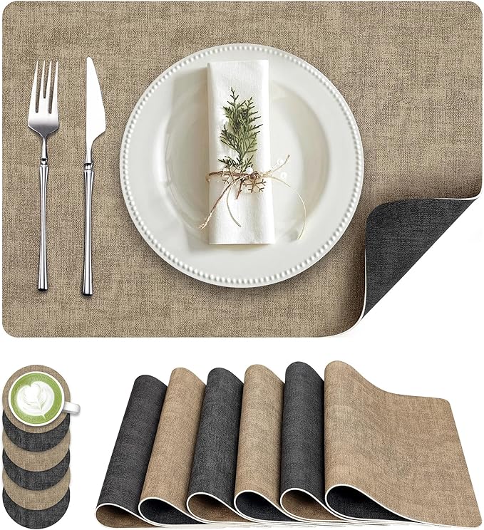 Placemats Set of 6, Faux Leather Heat Resistant Wipeable Placemats, Dual Sided Waterproof Washable Table Mats with Coaster, Suitable for Kitchen, Dining, Table Decor (6, Black Light Coffee)
