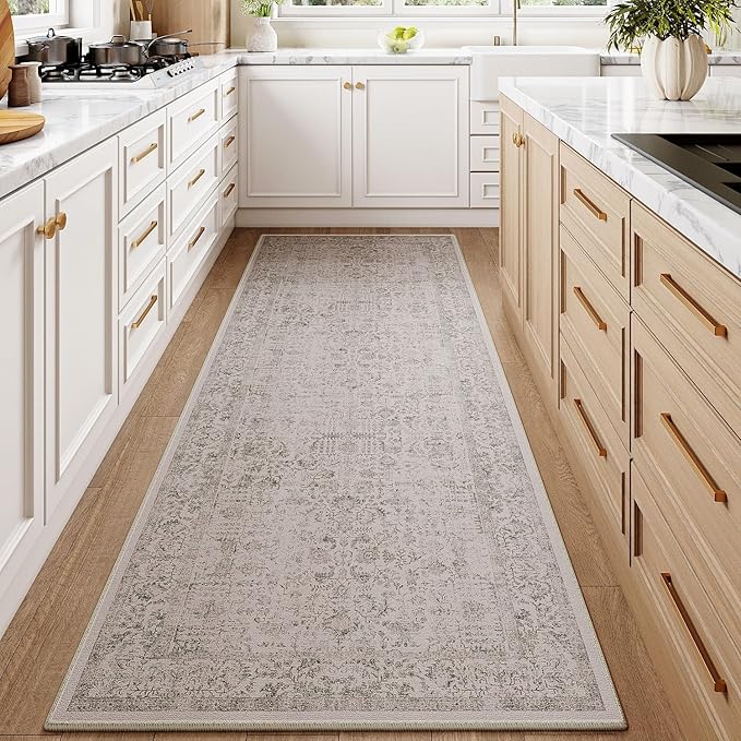 PureCozy Gray Runner Rug 3x12 Hallway Machine Washable Kitchen Vintage Distressed Non Slip Long Carpet Indoor Grey Retro Floral Bedroom Accent Throw Rug for Bathroom Office Laundry Dining Living Room