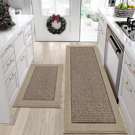 BEQHAUSE Kitchen Rugs and Mats Set of 2 Non-Slip Kitchen Mats for Floor, Absorbent and Stain Resistant Kitchen Runner, Machine Washable Rugs for Kitchen, Laundry & Sink, 24"x36"+24"x60", Taupe